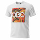 White t-shirt with colorful graphic design and 'OBO' logo on a white background