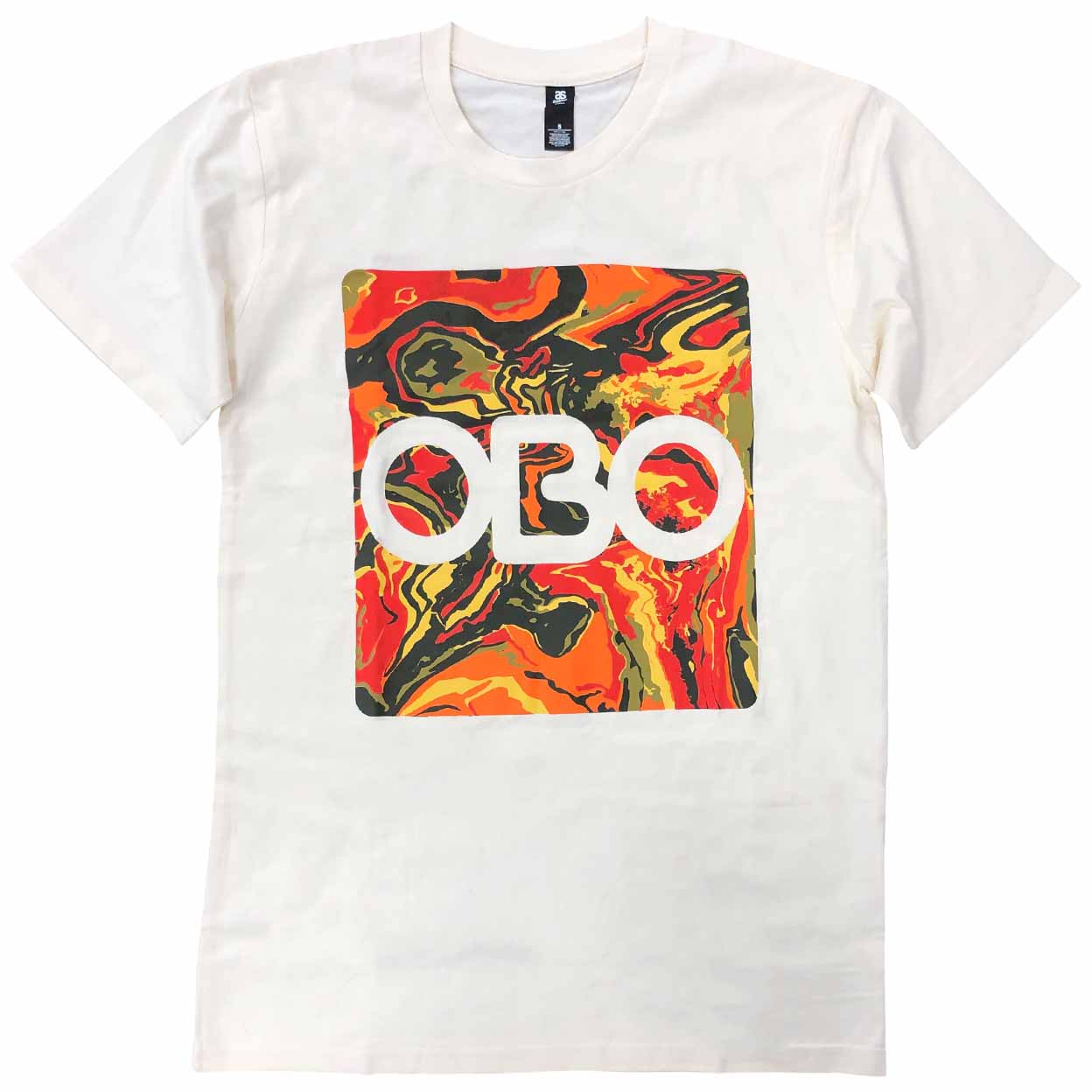 Off-White T-shirt featuring a large square graphic with a bold, abstract swirl pattern in red, orange, yellow, and black. The word 'OBO' is centered in large white letters over the graphic.