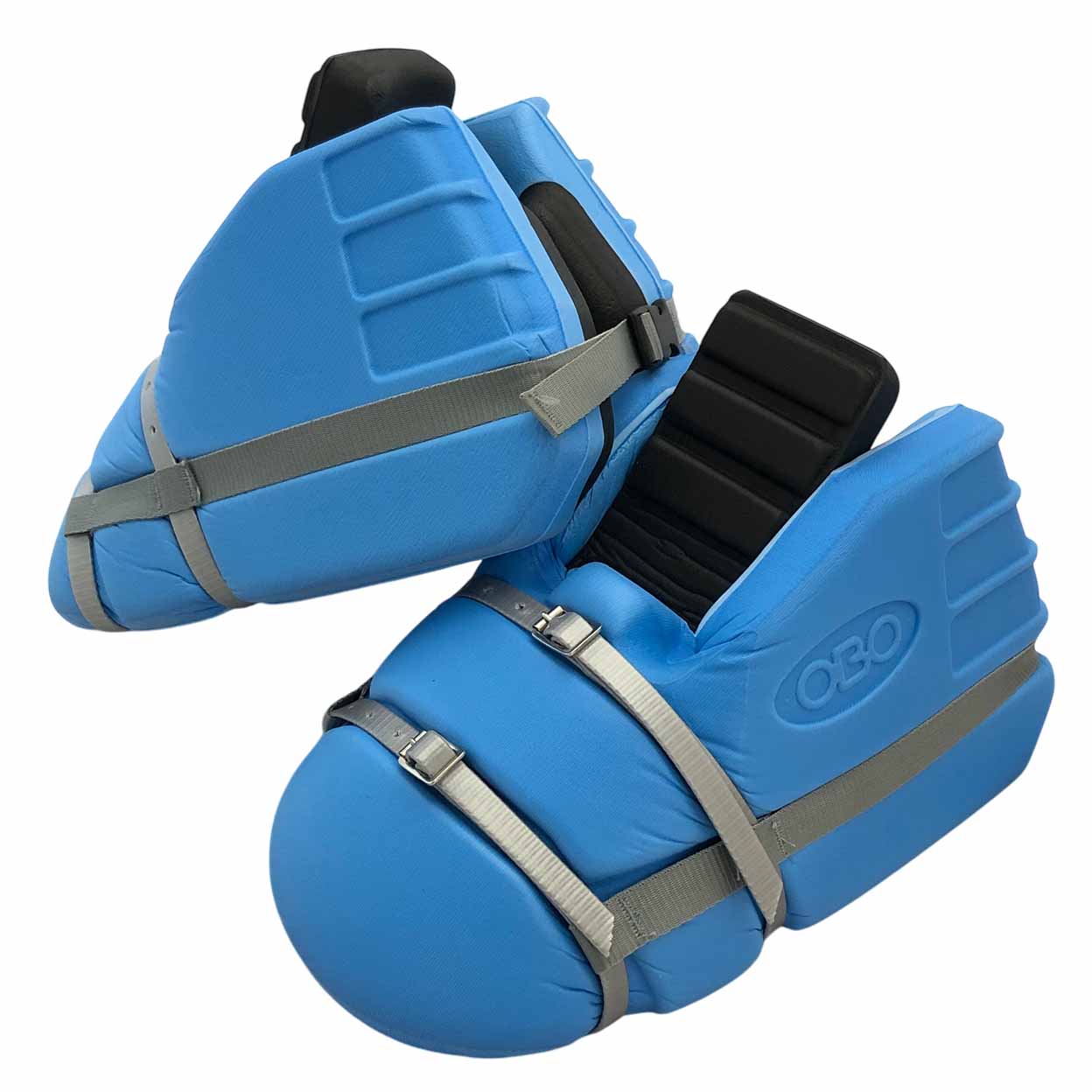 blue pair of OBO Yahoo Goalkeeping Kickers one angled on top of the other.