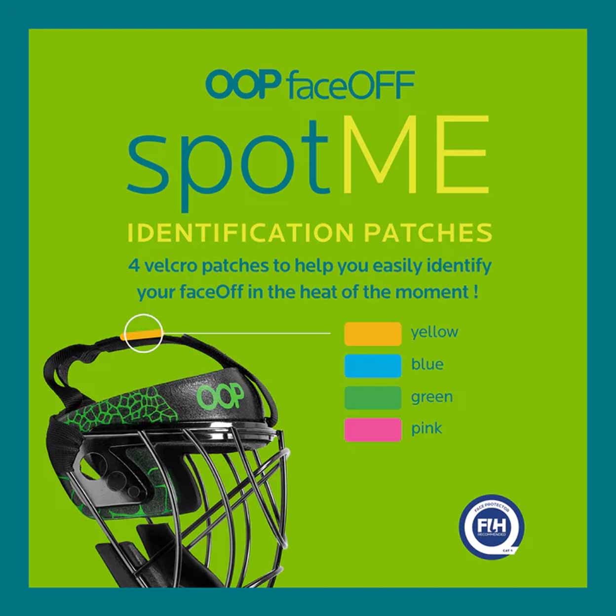 Advertisement for OOP faceOFF spotME identification patches on a green background with a helmet.