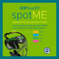 Advertisement for OOP faceOFF spotME identification patches on a green background with a helmet.