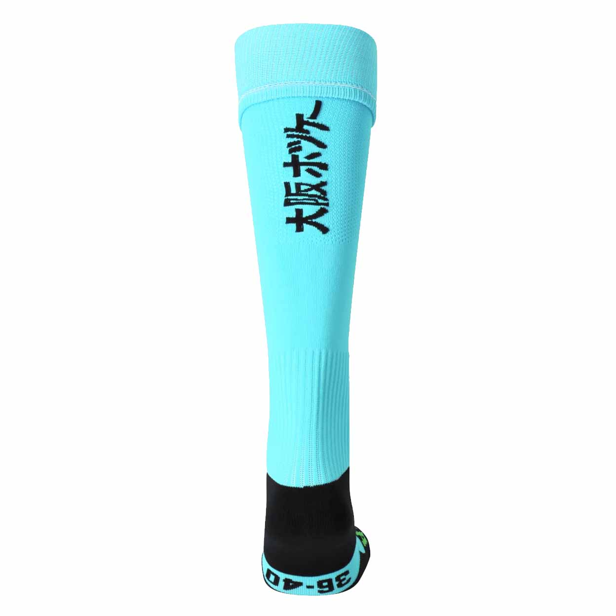 Light blue knee-high sock with black text on a white background