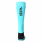 Light blue knee-high sock with black text on a white background