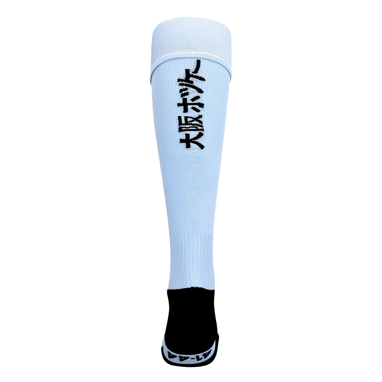 Light blue knee-high sock with black text on a white background