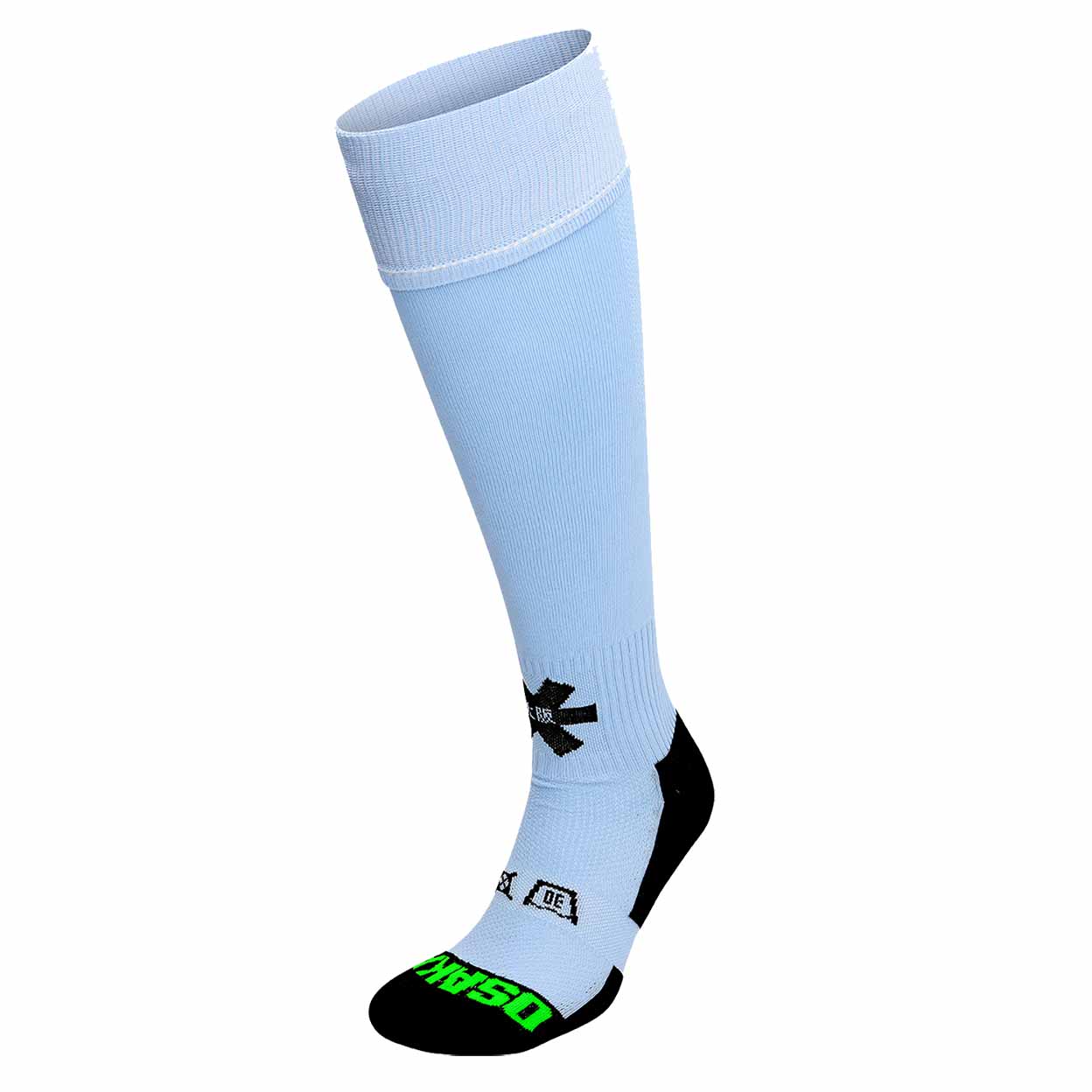 Light blue knee-high sock with black and green accents on a white background