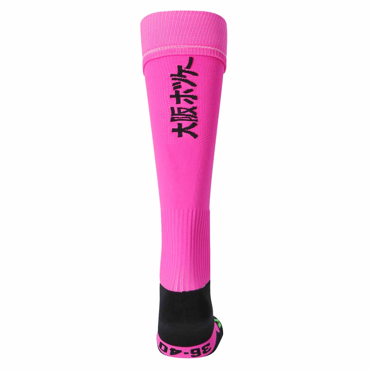 Pink knee-high sock with black text on a white background