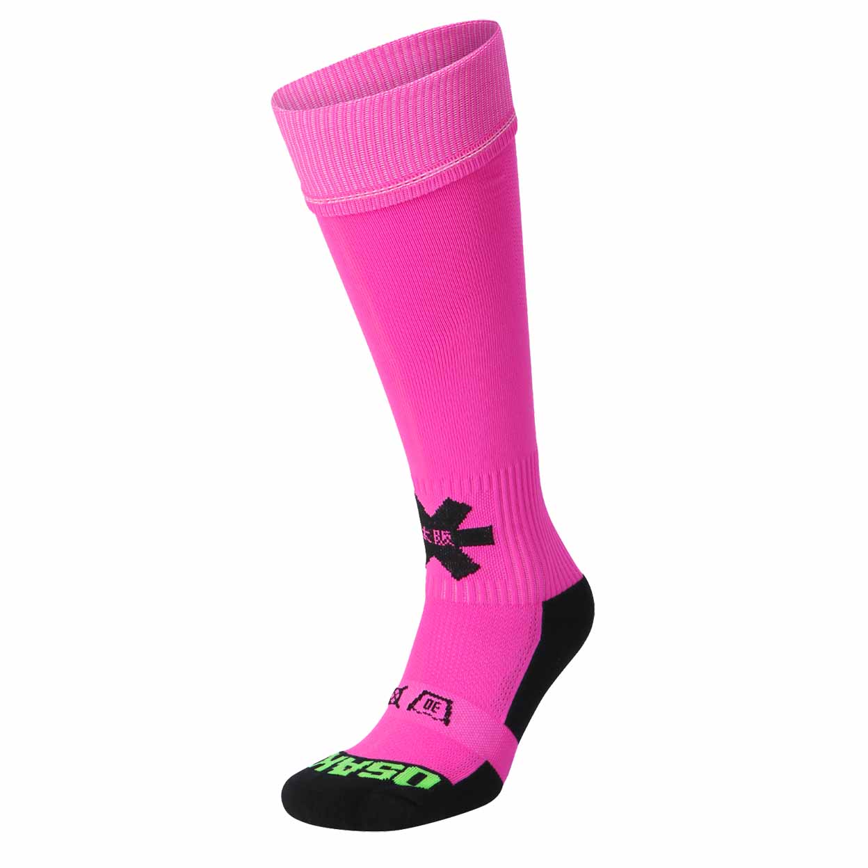 Pink knee-high sock with black and green accents on a white background
