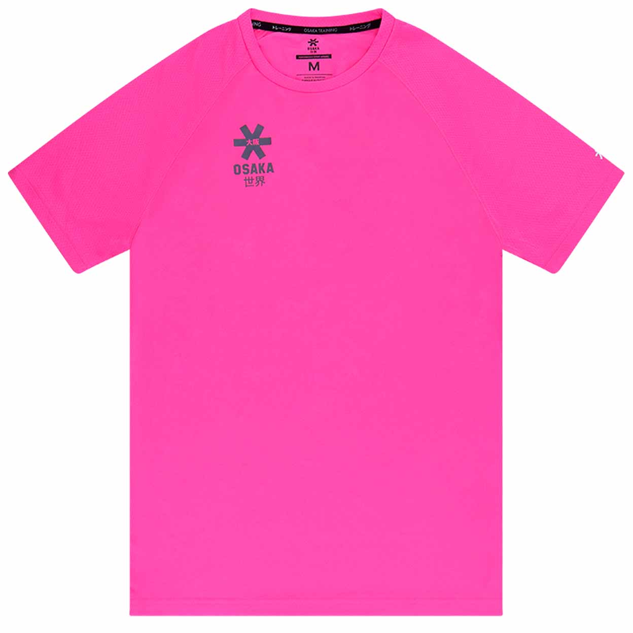 Pink t-shirt with a logo on the chest against a white background