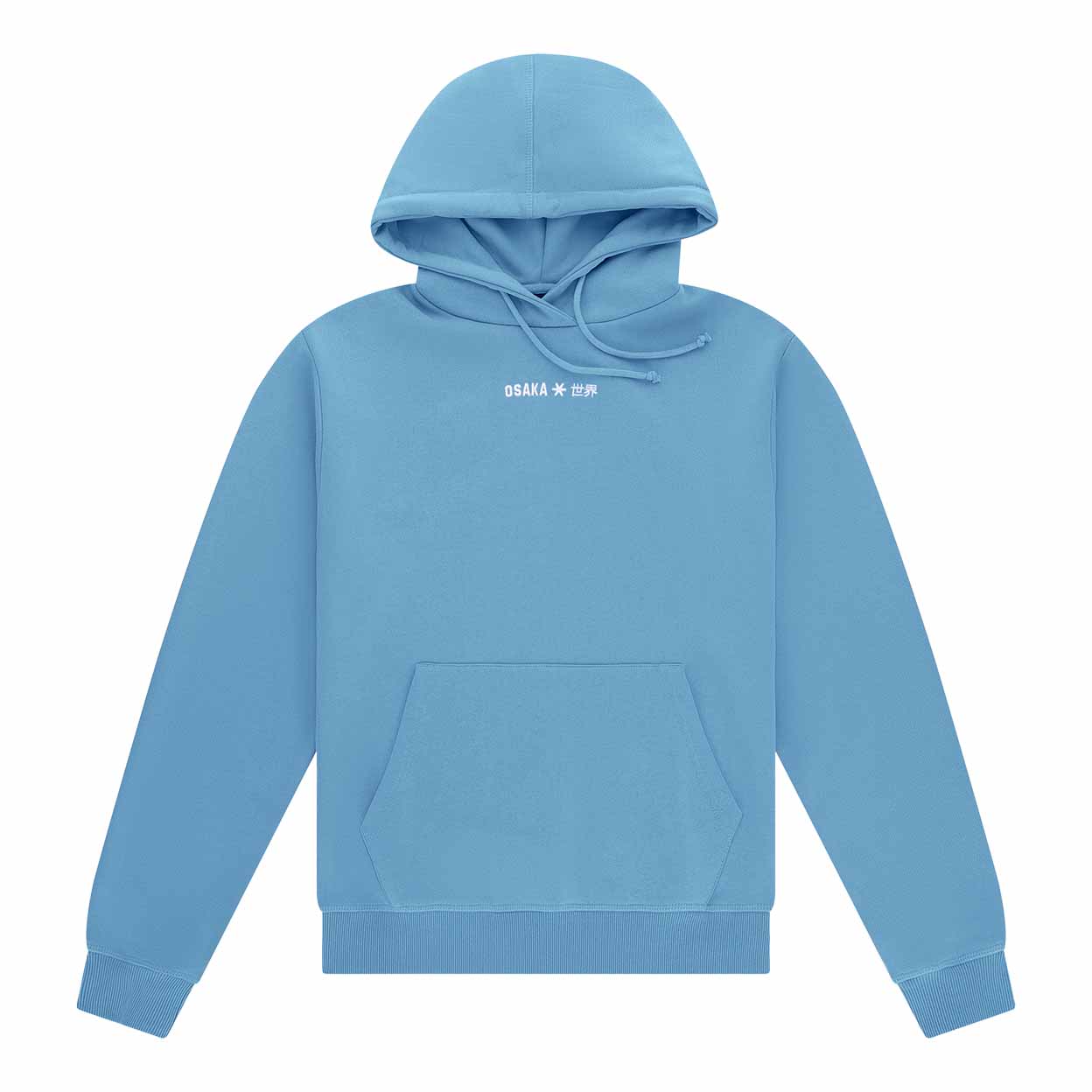 Blue hoodie with a brand logo on a white background