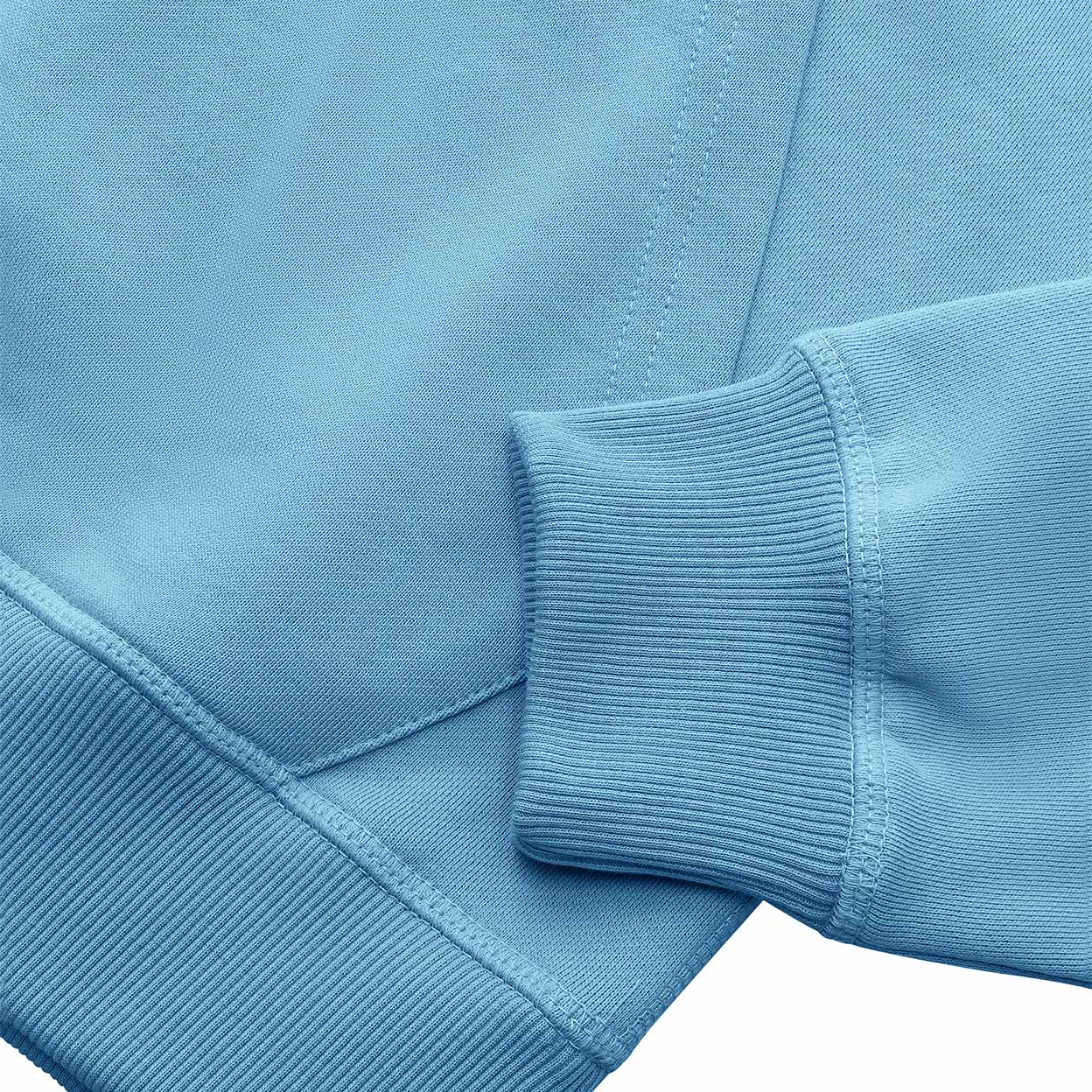 Close-up of a blue fabric with a ribbed texture on a white background
