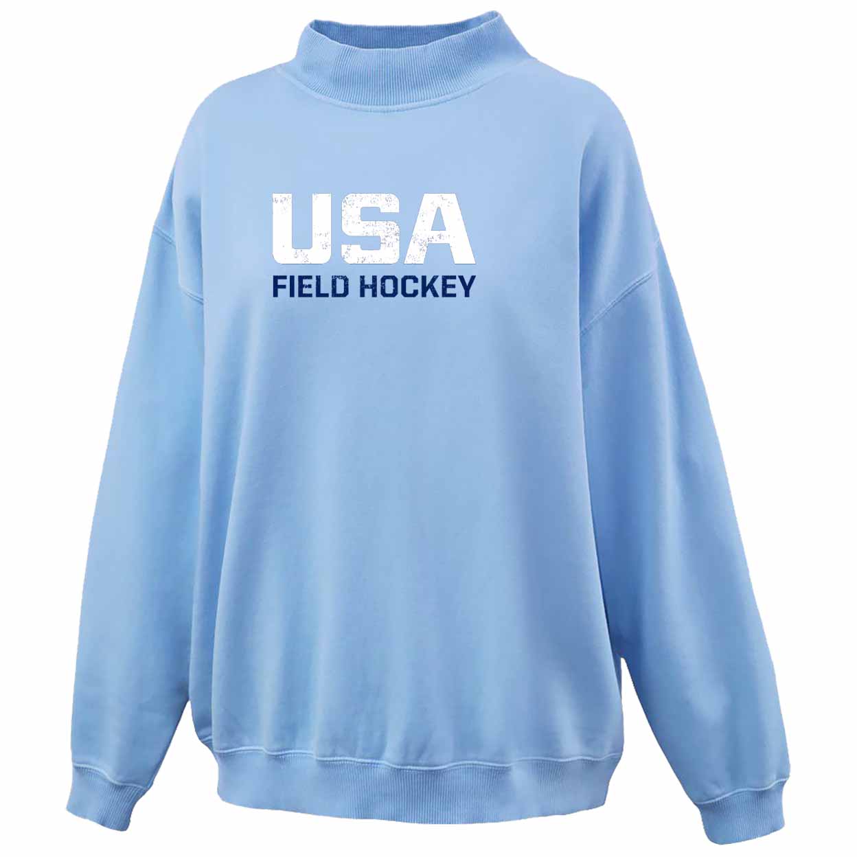 A light blue crewneck sweatshirt with 'USA FIELD HOCKEY' printed on the chest, shown against a plain white background.