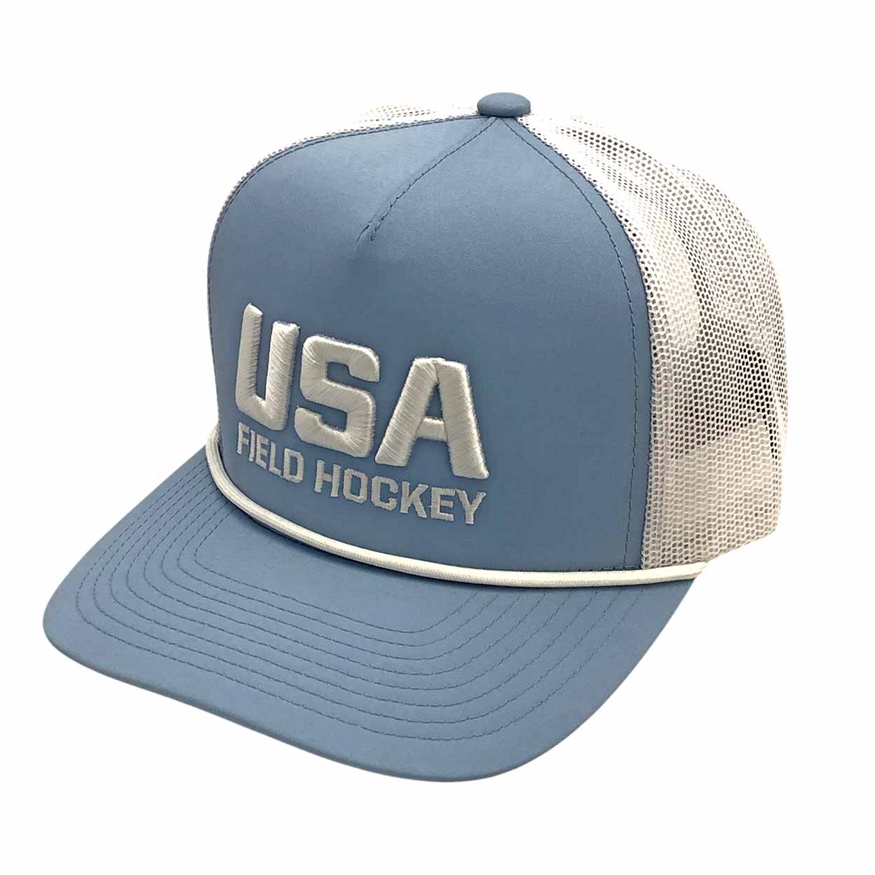 Blue and white cap with 'USA Field Hockey' text on a white background