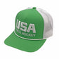 Green and white cap with 'USA Field Hockey' text on a white background