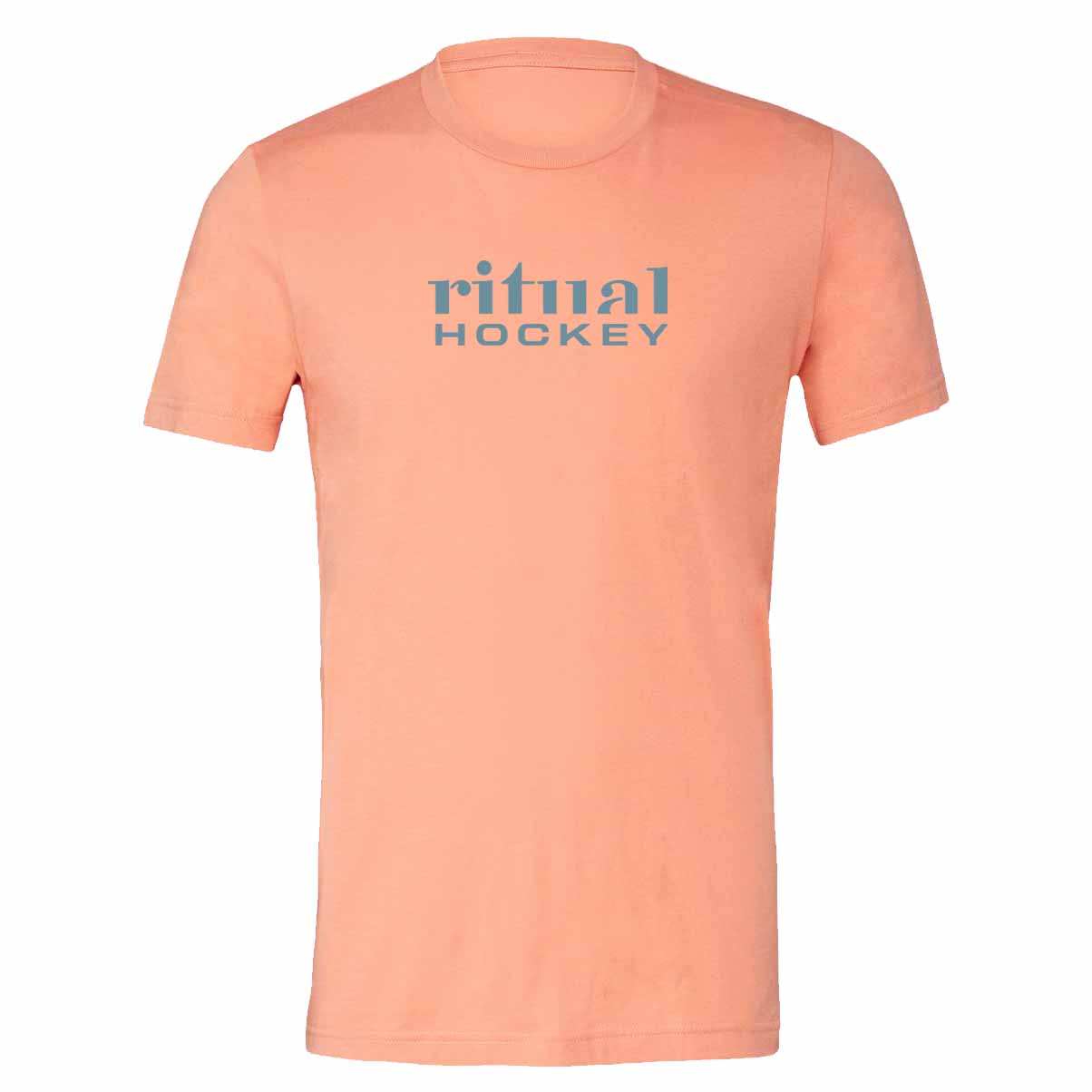 Peach-colored t-shirt with 'ritual HOCKEY' logo on a white background