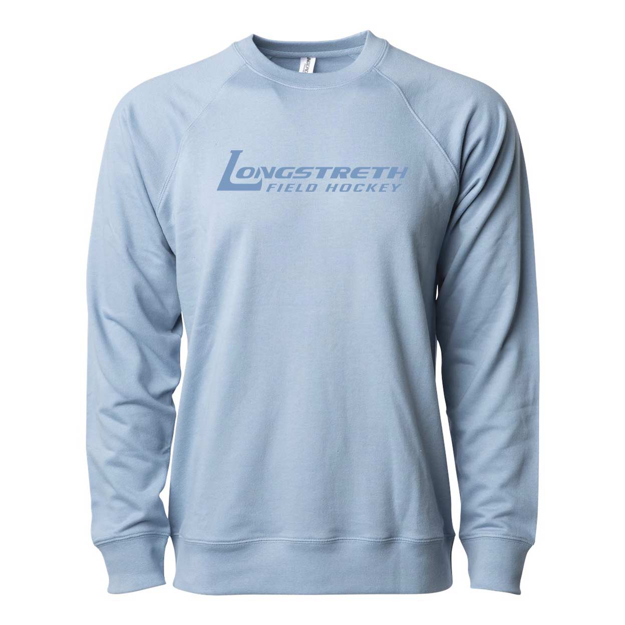 Light blue crewneck sweatshirt with 'Longstreth Field Hockey' logo printed across the chest in matching blue text.