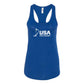 Front of the blue USA Field Hockey Racerback Tank white logo