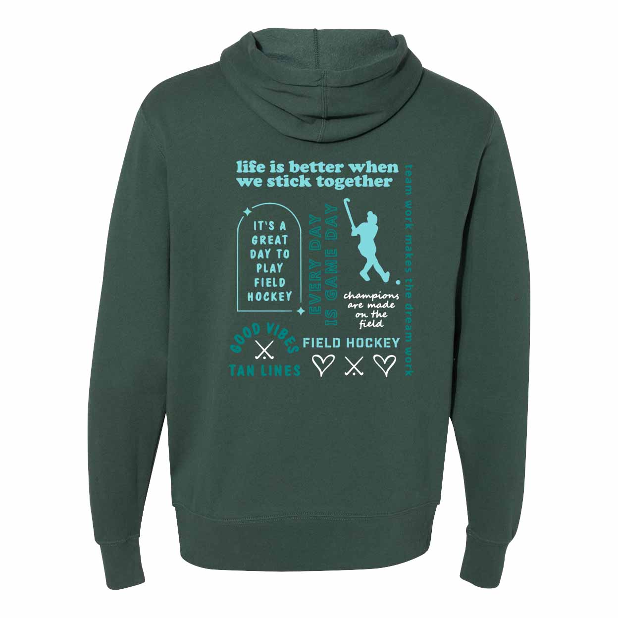 Green hoodie with text and graphics on the back on a white background