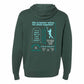 Green hoodie with text and graphics on the back on a white background