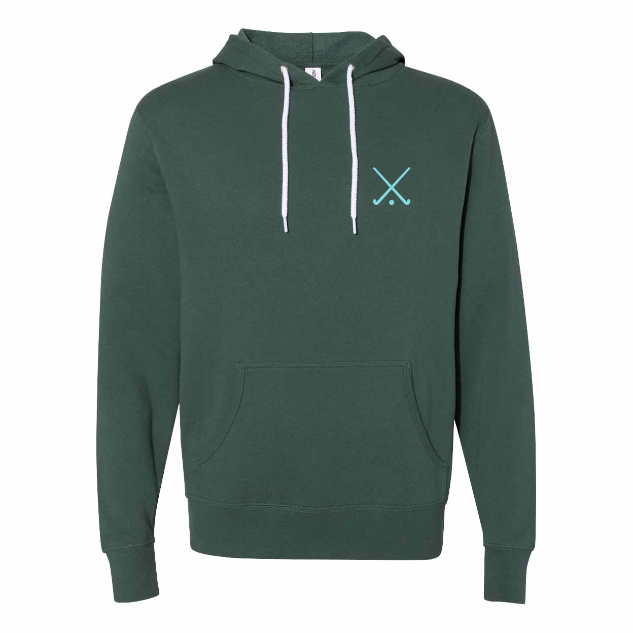 Green hoodie with a small logo on the chest against a white background