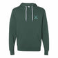 Green hoodie with a small logo on the chest against a white background