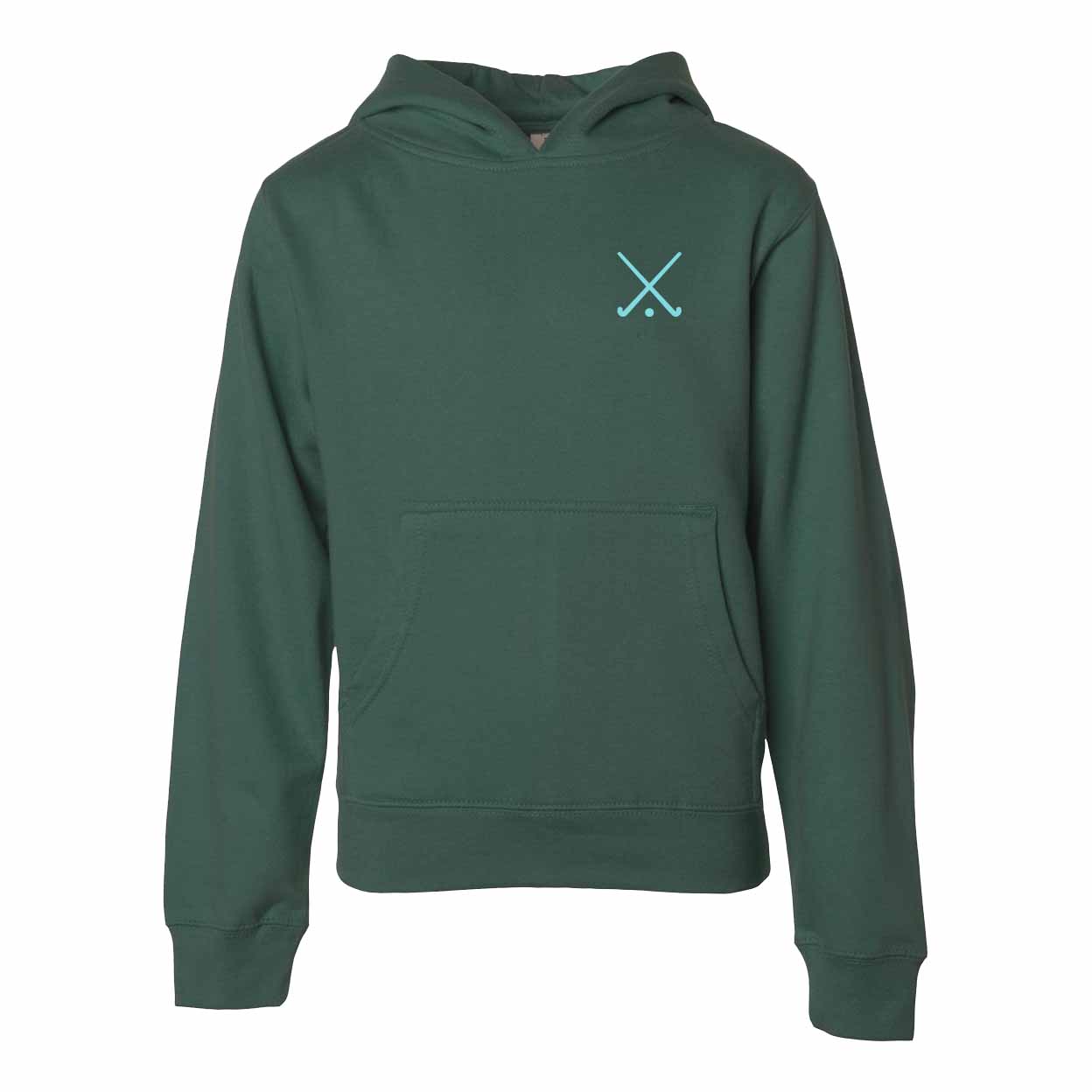 Green hoodie with a small logo on the chest against a white background