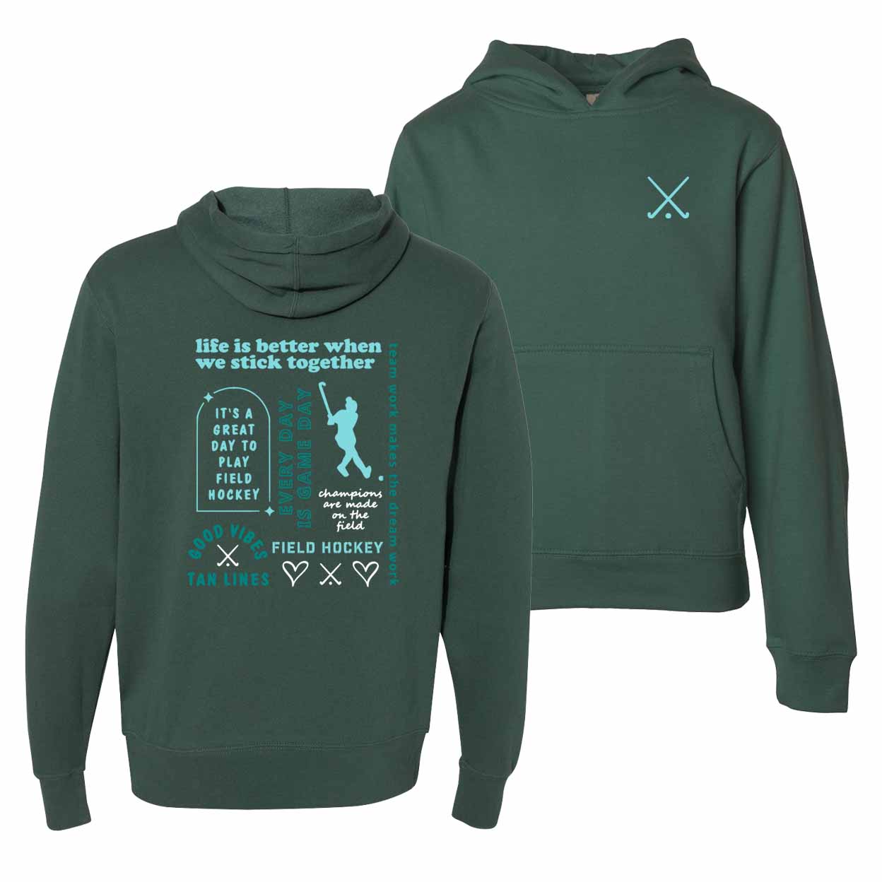 Green hoodie with field hockey design on the front and back, featuring text and graphics.