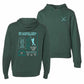 Green hoodie with field hockey design on the front and back, featuring text and graphics.