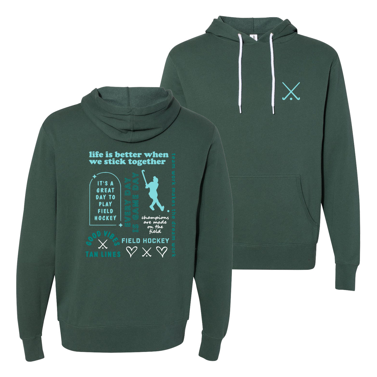 Green hoodie with text and graphics on front and back, featuring field hockey design.