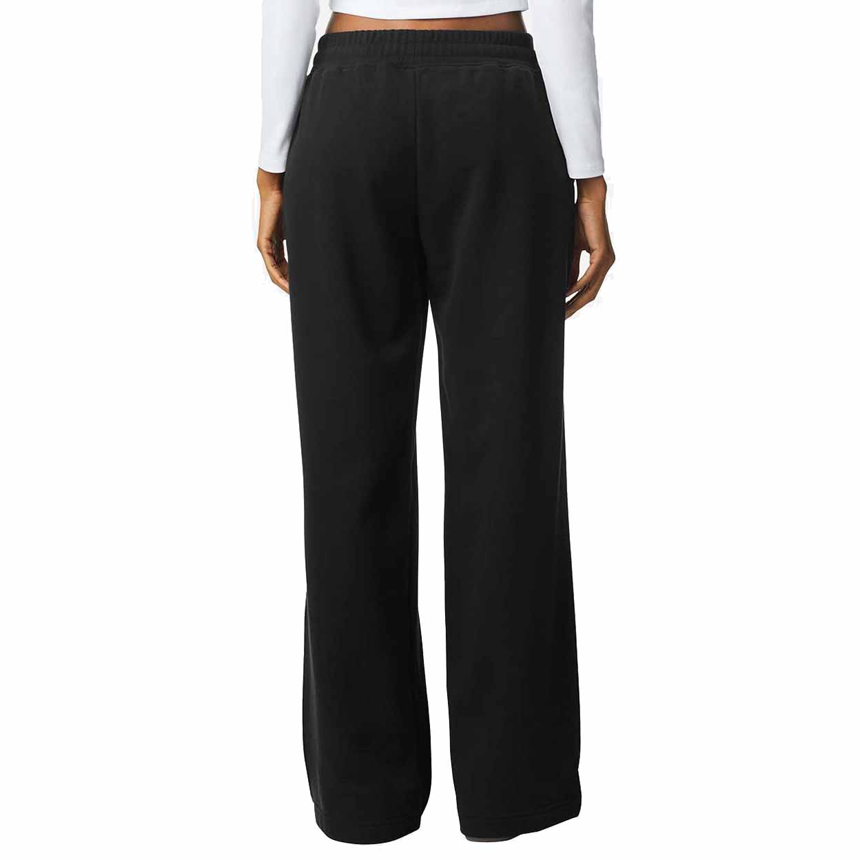Black wide-leg pants worn by a person on a white background