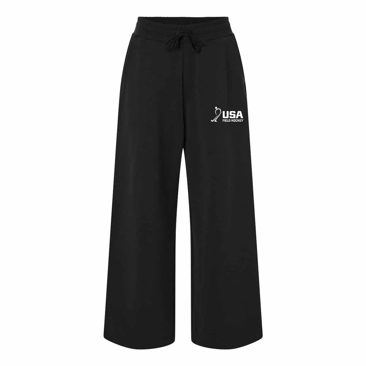 Black sweatpants with a logo on a white background