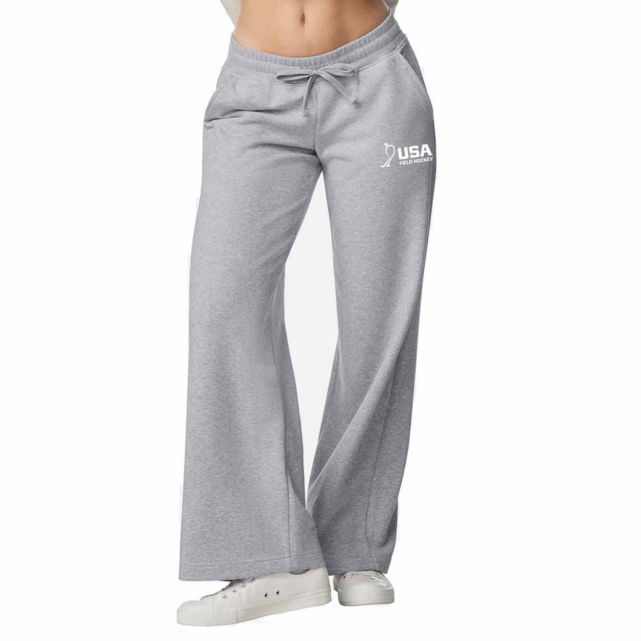 Gray sweatpants with a logo on a white background