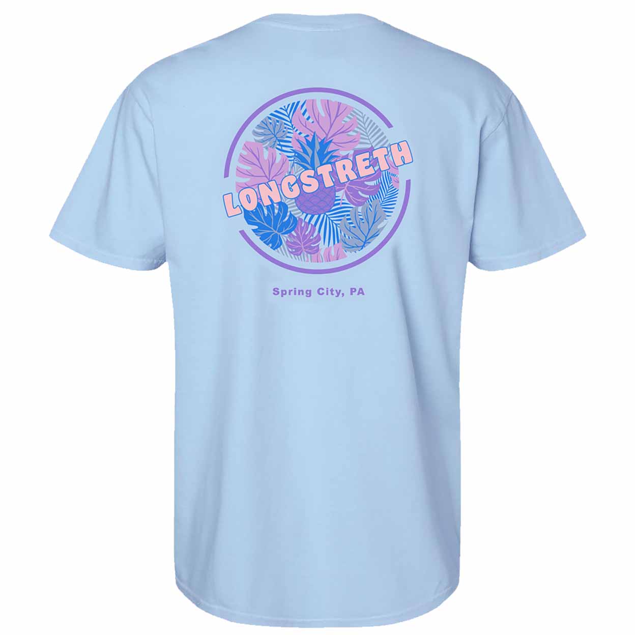 A light blue short-sleeve t-shirt shown from the back, featuring a circular graphic with pink and blue tropical leaves and the text 'LONGSTRETH' in pink, with 'Spring City, PA' printed below in purple.
