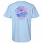 A light blue short-sleeve t-shirt shown from the back, featuring a circular graphic with pink and blue tropical leaves and the text 'LONGSTRETH' in pink, with 'Spring City, PA' printed below in purple.