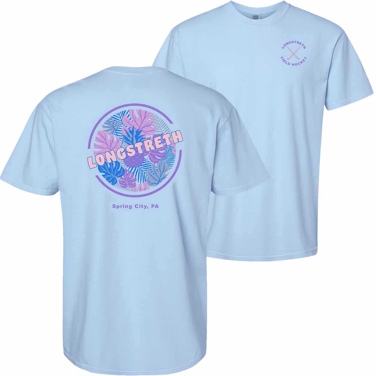 A light blue short-sleeve t-shirt shown from both the front and back. The back features a large circular graphic with pink and blue tropical leaves and the text 'LONGSTRETH' and 'Spring City, PA'.