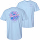 A light blue short-sleeve t-shirt shown from both the front and back. The back features a large circular graphic with pink and blue tropical leaves and the text 'LONGSTRETH' and 'Spring City, PA'.