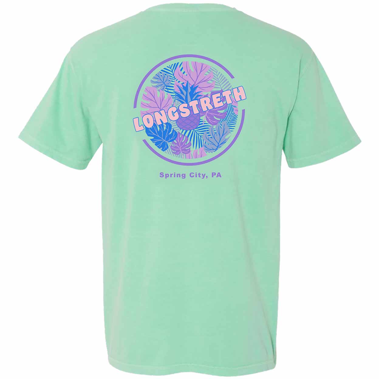 A mint green short-sleeve t-shirt shown from the back, featuring a colorful circular graphic with tropical leaves and the text 'LONGSTRETH' in pink and blue, with 'Spring City, PA' printed below.