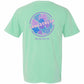 A mint green short-sleeve t-shirt shown from the back, featuring a colorful circular graphic with tropical leaves and the text 'LONGSTRETH' in pink and blue, with 'Spring City, PA' printed below.