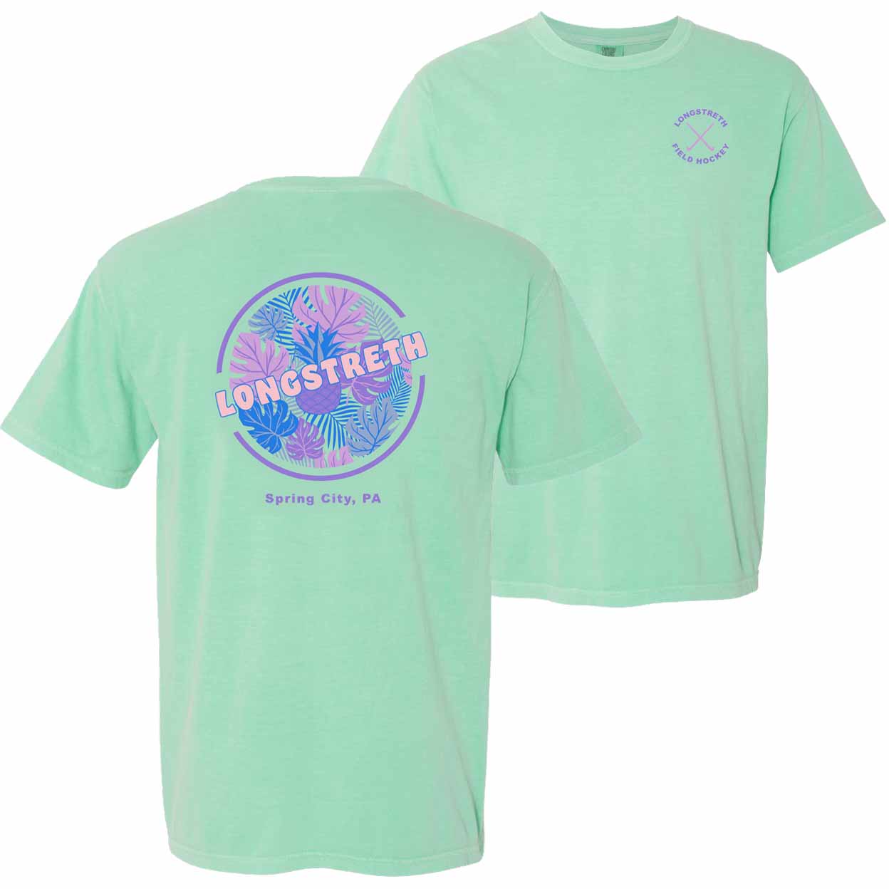 A mint green short-sleeve t-shirt shown from both the front and back. The back features a large circular graphic with tropical palm leaves in shades of purple and blue, with the text 'LONGSTRETH' and 'Spring City, PA' below.