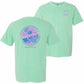A mint green short-sleeve t-shirt shown from both the front and back. The back features a large circular graphic with tropical palm leaves in shades of purple and blue, with the text 'LONGSTRETH' and 'Spring City, PA' below.
