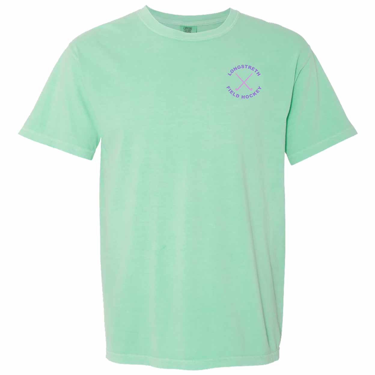 A mint green short-sleeve crewneck t-shirt with a small purple circular graphic on the left chest reading 'LONGSTRETH FIELD HOCKEY' around crossed hockey sticks.