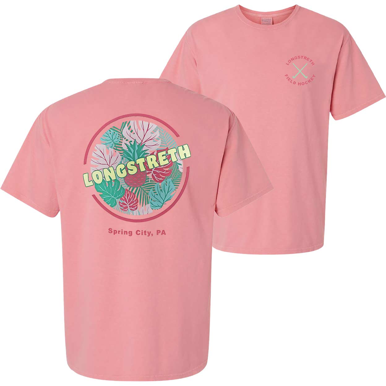 Front and back views of a pink Longstreth Tropical Tee. The back shows the vibrant tropical leaf and pineapple graphic with “LONGSTRETH” and “Spring City, PA.” The front displays a small “Longstreth Field Hockey” logo with crossed sticks on the left chest.