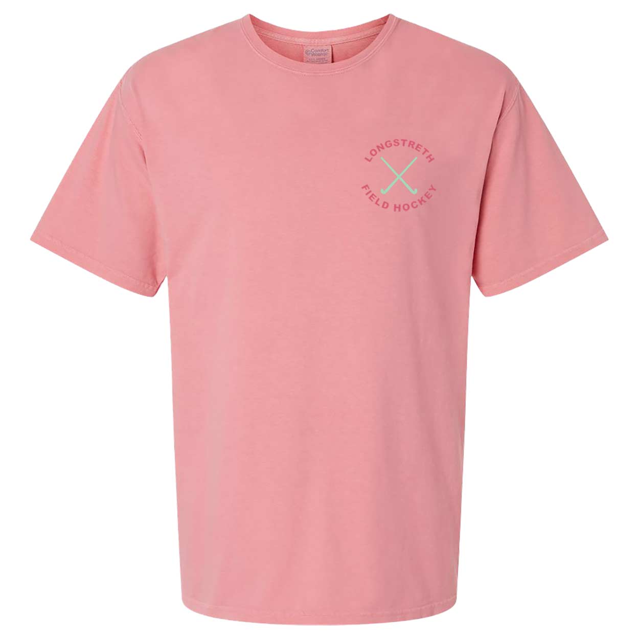 Front view of a pink Longstreth Tropical Tee. The front displays a small “Longstreth Field Hockey” logo with crossed sticks on the left chest.