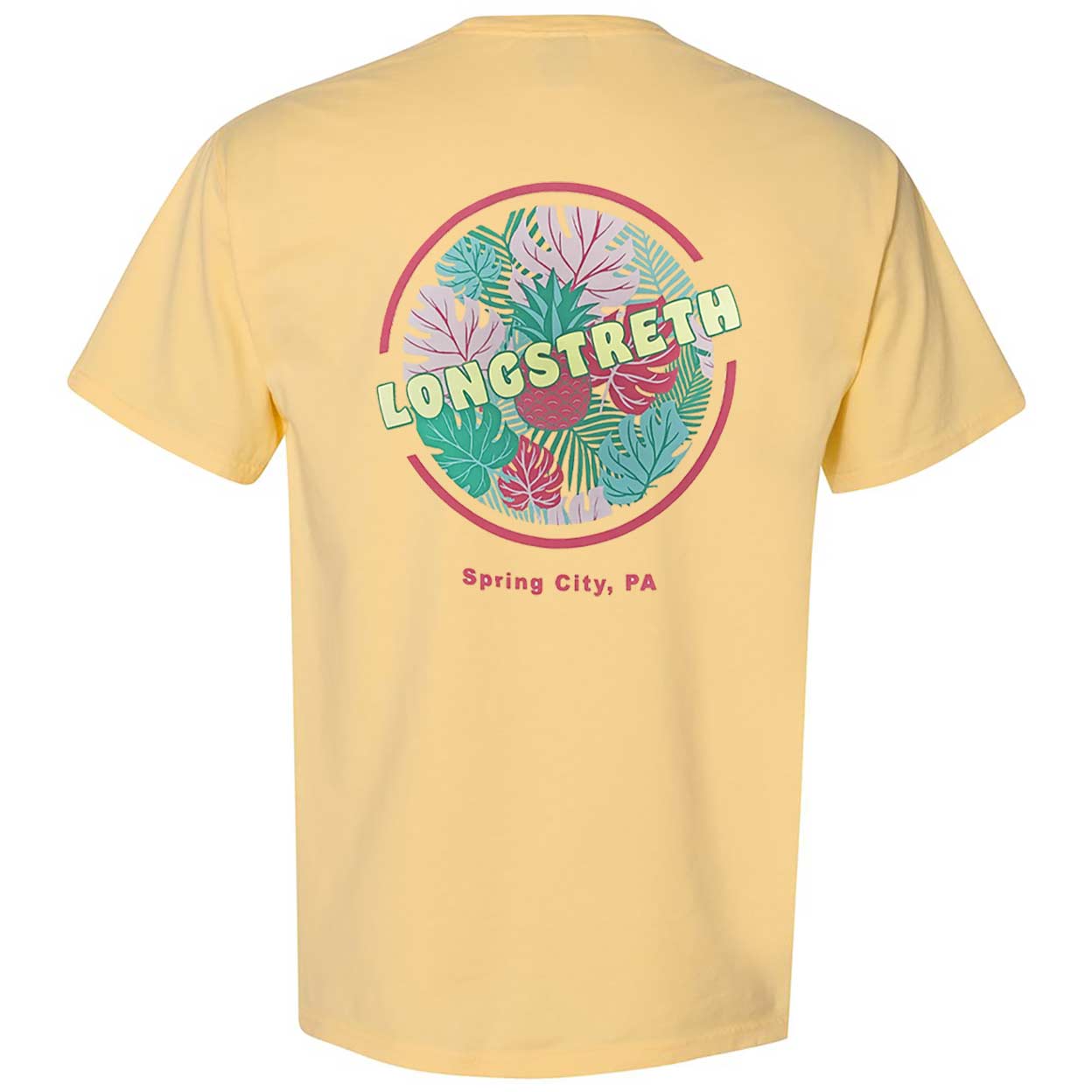 Back of a yellow Longstreth Tropical Tee showcasing the same circular tropical graphic with “LONGSTRETH” across the center and “Spring City, PA” printed beneath.