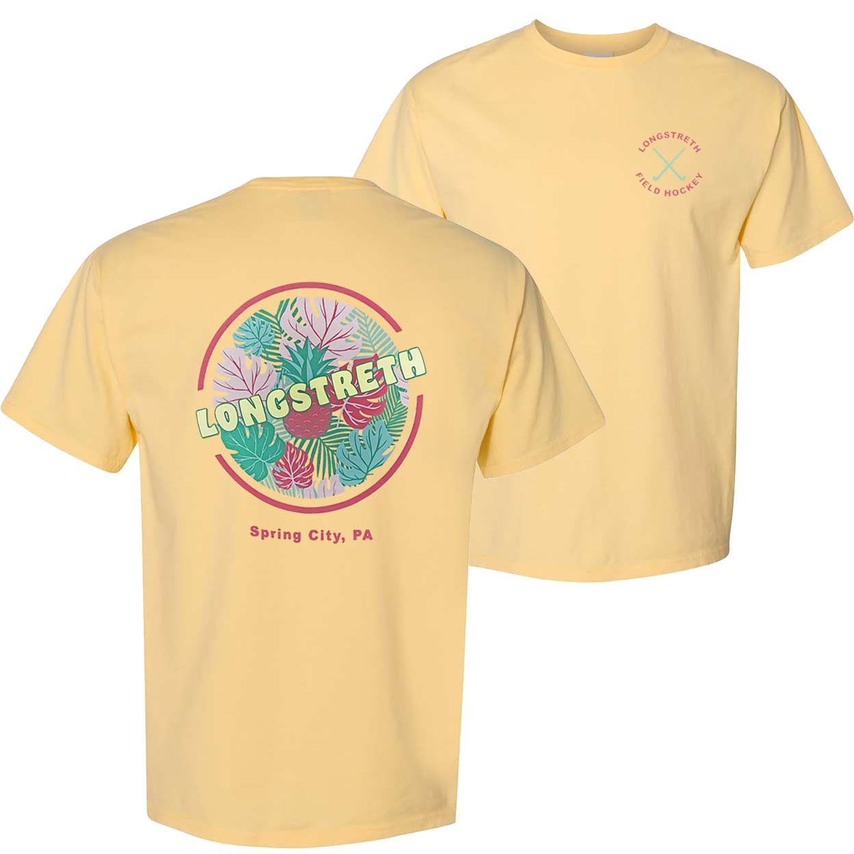 Front and back views of a yellow Longstreth Tropical Tee. The back shows the vibrant tropical leaf and pineapple graphic with “LONGSTRETH” and “Spring City, PA.” The front displays a small “Longstreth Field Hockey” logo with crossed sticks on the left chest.