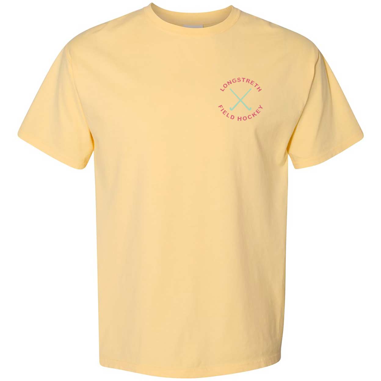 Front view of a yellow Longstreth Tropical Tee. The front displays a small “Longstreth Field Hockey” logo with crossed sticks on the left chest.
