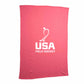 Red blanket with USA Field Hockey logo on a white background