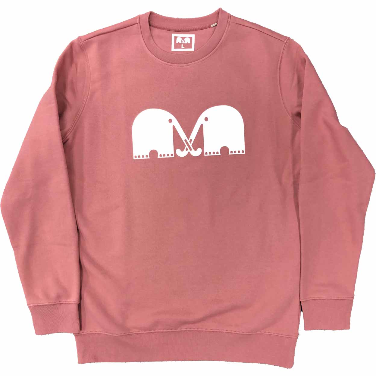 Pink sweatshirt with white elephant design on a white background