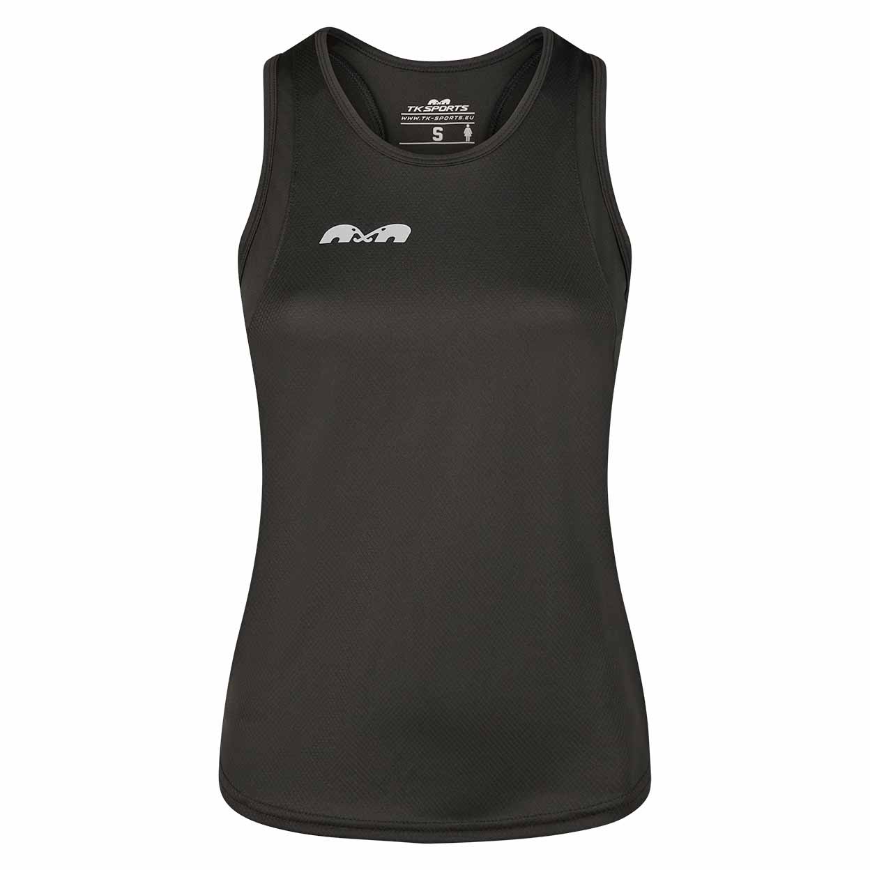 Black tank top with a logo on a white background