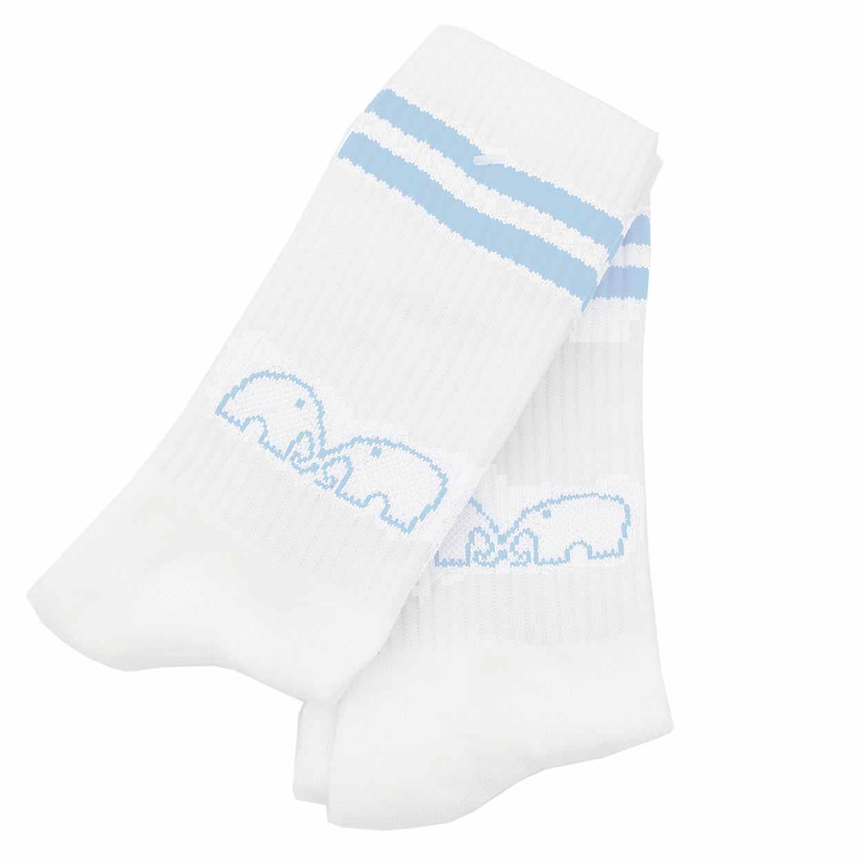 White sock with blue stripes and elephant designs on a white background