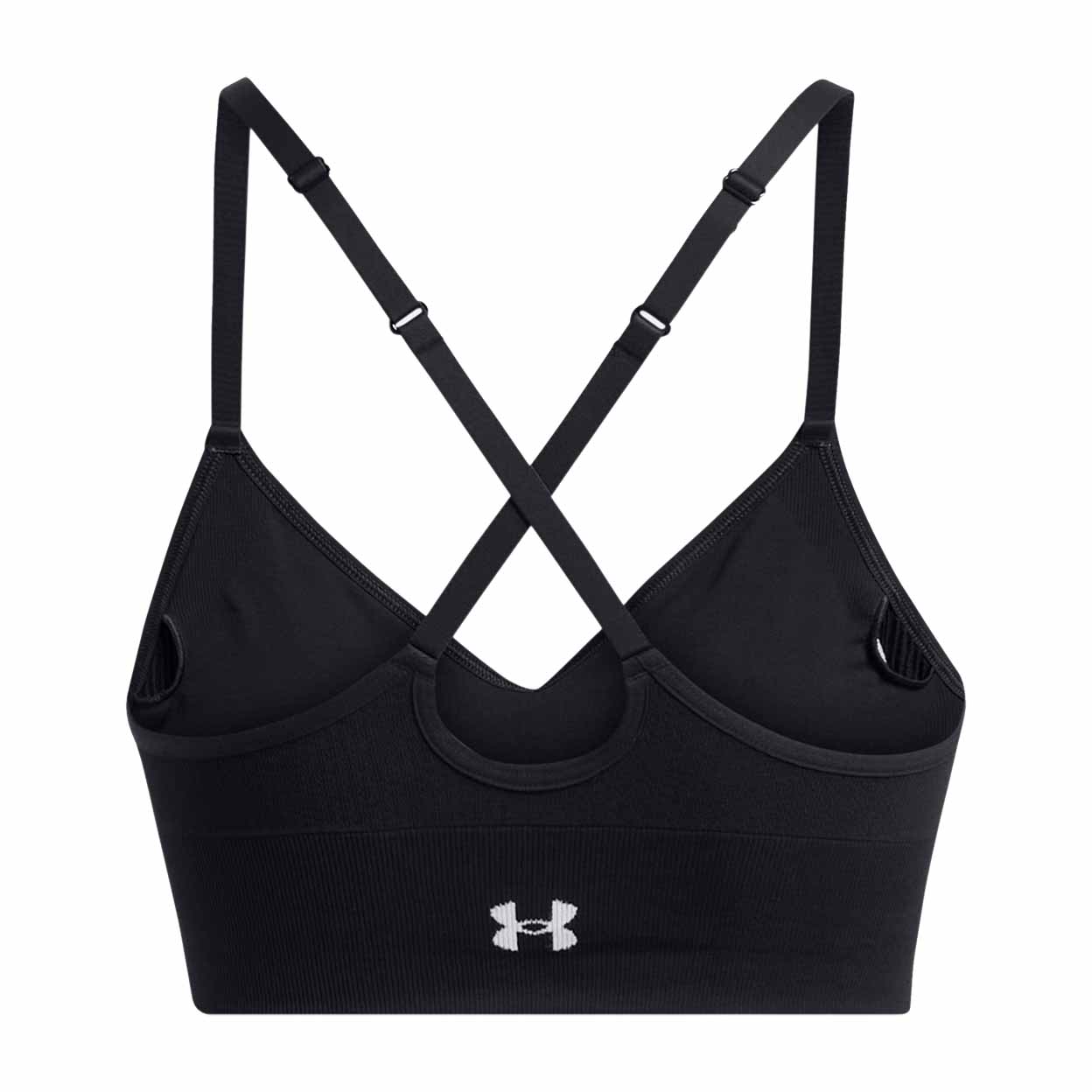 Black sports bra with criss-cross straps on a white background
